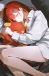  030_bv 1girl absurdres akane_lize animal_hug bare_legs barefoot blonde_streaks blush bra breasts cleavage closed_eyes collarbone collared_shirt curled_up fang feet_out_of_frame from_above hair_between_eyes hair_intakes hair_ornament hairclip hashtag-only_commentary highres hug long_hair long_sleeves lying mole mole_under_eye multicolored_hair on_side open_clothes open_shirt parted_lips pienna_(akane_lize) pillow red_hair shirt simple_background sleeping solo stellive streaked_hair teeth umbrella_octopus underwear very_long_hair virtual_youtuber white_bra white_shirt 