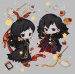  2girls binah_(project_moon) black_coat black_dress black_eyes black_hair blonde_streaks breasts candy chibi chibi_only chocolate closed_mouth coat coat_on_shoulders commentary cup dress dual_persona ee_extension_02 food fruit fur-trimmed_coat fur_trim gold_trim grey_background hand_on_own_cheek hand_on_own_face heart heart-shaped_chocolate heart-shaped_food hexagon_print highres honey honey_dipper lemon lemon_slice library_of_ruina lobotomy_corporation mole mole_under_eye multicolored_hair multiple_girls project_moon saucer simple_background sitting smile sparkle spoon star_(symbol) streaked_hair sugar_cube tea teacup teapot untranslatable_commentary watermark 