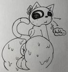 anthro anus balls big_balls big_butt bodily_fluids butt domestic_cat ear_piercing ear_tag felid feline felis gayevilcritter genitals hi_res huge_balls huge_butt ink looking_back male mammal musk piercing plushie plushyk puffy_anus seam_(sewing) smile solo sweat sweatdrop tail thought_bubble traditional_media_(artwork)