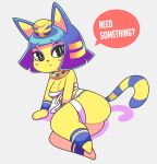  1girl animal_crossing animal_ears animal_nose ankha_(animal_crossing) areola_slip areolae arm_support ass bandages bangs black_eyes blue_fur blue_hair blunt_bangs blunt_ends blush_stickers bob_cut body_fur bottomless breasts bright_pupils cat_ears cat_girl cat_paws cat_tail cleavage colored_skin commentary covered_nipples egyptian english_commentary english_text eyeliner eyeshadow full_body furry gradient_hair grey_background hair_ornament highres looking_at_viewer makeup medium_breasts multicolored_hair naked_bandage onigiri_punch paws purple_eyeshadow purple_hair short_hair simple_background slit_pupils snake_hair_ornament solo speech_bubble striped_tail tail talking triangle_mouth two-tone_fur underboob usekh_collar white_pupils yellow_fur yellow_skin 