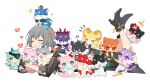  1girl aglaea_(honkai:_star_rail) aglaea_(oatmeal)_(honkai:_star_rail) anaxa_(honkai:_star_rail) anaxa_(nanus)_(honkai:_star_rail) animal_hug animal_on_head black_boots black_coat black_gloves boots castorice_(butterfly_cake)_(honkai:_star_rail) castorice_(honkai:_star_rail) cerydra_(dux_beast)_(honkai:_star_rail) cerydra_(honkai:_star_rail) chimera_(honkai:_star_rail) chrysos_heirs_(honkai:_star_rail) cipher_(honkai:_star_rail) cipher_(master_cat-thief)_(honkai:_star_rail) closed_eyes closed_mouth coat commentary_request cyrene_(cyrup)_(honkai:_star_rail) cyrene_(demiurge)_(honkai:_star_rail) cyrene_(honkai:_star_rail) dan_heng_(honkai:_star_rail) dan_heng_(permansor_terrae)_(honkai:_star_rail) dan_heng_(toasty_dragon)_(honkai:_star_rail) evernight_(gummy_roll)_(honkai:_star_rail) evernight_(honkai:_star_rail) feet_up full_body gloves grey_hair happy heart hei_lang high_heel_boots high_heels highres honkai:_star_rail honkai_(series) hyacine_(honkai:_star_rail) hyacine_(krenabis)_(honkai:_star_rail) hysilens_(gurgling_fish)_(honkai:_star_rail) hysilens_(honkai:_star_rail) long_hair lying march_7th_(honkai:_star_rail) mydei_(fig_stew)_(honkai:_star_rail) mydei_(honkai:_star_rail) on_head on_stomach phainon_(honkai:_star_rail) phainon_(vigethos)_(honkai:_star_rail) simple_background sparkle stelle_(honkai:_star_rail) trailblazer_(honkai:_star_rail) tribbie_(candied_apple)_(honkai:_star_rail) tribbie_(honkai:_star_rail) white_background 
