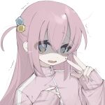  1girl @_@ bad_id bad_twitter_id blue_eyes blue_nails bocchi_the_rock! cube_hair_ornament gotoh_hitori hair_between_eyes hair_ornament hands_up jacket kuro_yagi_(usosakana) long_hair long_sleeves looking_at_viewer nail_polish nervous one_side_up open_mouth pink_hair pink_jacket pink_nails shaded_face simple_background sleeves_past_wrists smile solo tearing_up track_jacket trembling upper_body w wavy_mouth white_background 