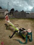  2girls absurdres aqua_eyes aqua_hair black_hair black_skirt black_sleeves black_thighhighs chain-link_fence commentary_request detached_sleeves dress fence forehead foreshortening grey_shirt grey_sky grin hair_bobbles hair_ornament hatsune_miku head_back highres hylran0427 kaai_yuki kneehighs long_hair looking_at_viewer medium_hair miniskirt multiple_girls necktie outdoors pinafore_dress plaid_clothes plaid_necktie playground power_lines red_dress red_necktie school_uniform seesaw shirt skirt sky sleeveless sleeveless_dress sleeveless_shirt smile socks thighhighs twintails very_long_hair vocaloid white_shirt white_socks yellow_eyes zettai_ryouiki 