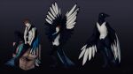 2020 4_toes anthro avian beak biped bird box cardboard cardboard_box container corvid digital_media_(artwork) digitigrade feathered_wings feathers feet gradient_background hair hi_res human human_to_anthro magpie_(corvid) male male_anthro male_human mammal oscine passerine sequence simple_background sitting solo species_transformation standing suit_transformation tail tail_feathers talons toes transformation transformation_sequence unstableimagination wings