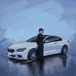  1girl absurdres apollos_ars black_dress black_hair black_shoes bmw bmw_m6 bob_cut car commentary_request dress highres license_plate long_sleeves looking_at_viewer motor_vehicle original shoes signature solo sports_car standing vehicle_focus white_car wide_shot 