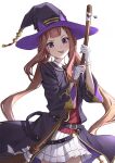  1girl absurdres animal_ears black_robe blush braid braided_hair_rings broom brown_hair closed_mouth collared_shirt commentary_request gloves hair_rings hat hat_with_ears highres holding holding_broom horse_ears horse_girl horse_tail long_hair long_sleeves looking_at_viewer purple_eyes red_sweater_vest robe sayosayo-0 shirt simple_background skirt smile solo sweater_vest sweep_tosho_(platanus_witch)_(umamusume) sweep_tosho_(umamusume) tail tongue tongue_out twintails umamusume white_background white_gloves white_shirt white_skirt witch_hat 