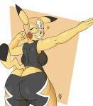  absurd_res anthro big_butt butt clothing cosplay_pikachu_(costume) female hi_res lost_lynx nintendo pikachu pikachu_libre pok&eacute;mon pok&eacute;mon_(species) simple_background smile solo thick_thighs video_games 