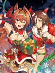  2girls 8_utauyo absurdres animal_ears arm_garter blush box breasts brown_hair christmas cleavage closed_mouth coat collared_shirt commentary_request daiwa_scarlet_(scarlet_nuit_etoile)_(umamusume) daiwa_scarlet_(umamusume) dress ear_covers fang fur-trimmed_dress fur-trimmed_gloves fur-trimmed_jacket fur_armlet fur_jacket fur_trim gift gift_box gloves green_necktie hair_between_eyes hair_intakes hair_over_one_eye highres holding holding_gift holding_sack horse_ears horse_girl horse_tail jacket korean_commentary large_breasts long_hair long_sleeves looking_at_viewer multiple_girls necktie night official_alternate_costume official_alternate_hairstyle one_eye_closed open_mouth pants plaid_clothes plaid_dress plaid_sleeves red_coat red_dress red_eyes red_gloves red_jacket sack santa_costume santa_dress shirt single_ear_cover sky smile tail tiara umamusume very_long_hair vodka_(nonfreezing_aqua_vitae)_(umamusume) vodka_(umamusume) white_gloves white_pants white_shirt 