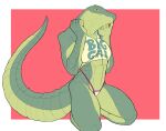  abs anthro athena_(f_draws) breast_squish breasts clothed clothing crocodilian english_text f_draws female hi_res kneeling muscular muscular_anthro muscular_female non-mammal_breasts red_background reptile scalie simple_background skimpy solo squish text text_on_clothing 