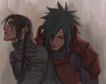  2boys arm_around_neck armor black_hair black_shirt brown_hair closed_eyes cracked_skin gloves hair_over_one_eye highres japanese_armor light_smile long_hair male_focus multiple_boys naruto_(series) naruto_shippuuden parted_bangs parted_lips purple_gloves purple_shirt senju_hashirama shirt shoulder_armor spiked_hair tinzng1518388 turtleneck uchiha_madara upper_body yaoi 