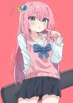  1girl absurdres black_skirt blue_bow blue_bowtie blue_eyes blush bocchi_the_rock! bow bowtie commentary_request cowboy_shot cube_hair_ornament double-parted_bangs finger_to_cheek gotoh_hitori guitar_case hair_ornament hair_tie highres instrument_case long_hair long_sleeves looking_at_viewer pink_background pink_hair pink_sweater_vest pleated_skirt sailor_collar sailor_shirt school_uniform shirt side_ahoge sidelocks simple_background skirt solo sweater_vest tensann3 