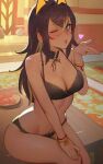  1girl animal_ears black_bra black_panties blonde_streaks blowing_kiss blue_eyes bra breasts brown_hair cleavage dark-skinned_female dark_skin dehya_(genshin_impact) extra_ears feet_out_of_frame genshin_impact hair_between_eyes highres large_breasts lips long_hair multicolored_hair nose one_eye_closed panties plate pplord sitting solo streaked_hair table underwear 