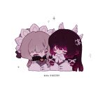  black_hair blush bonnet bow brown_hair cheek-to-cheek chibi closed_eyes closed_mouth coat columbina_(genshin_impact) fatui_coat fur_collar genshin_impact hair_bun hair_ornament head_wings heads_together long_hair multicolored_hair multiple_girls purple_hair purple_streaks sandrone_(genshin_impact) short_hair_with_long_locks simple_background smile streaked_hair twitter_username two-tone_hair very_long_hair white_background white_bow white_coat white_wings wing_hair_ornament wings xu_(i4i52ii9) yuri 