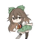  1girl animated animated_gif arm_cannon black_eyes black_thighhighs blush_stickers bow brown_hair closed_mouth collared_shirt commentary_request dancing full_body green_bow green_skirt hair_between_eyes hair_bow jitome legs_apart long_hair looking_at_viewer looping_animation lowres puffy_sleeves qiukui022 reiuji_utsuho shirt skirt smile solo thighhighs third_eye touhou transparent_background weapon white_shirt 