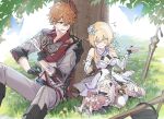  1boy 2girls absurdres against_tree arm_armor bandage_in_mouth bandaged_arm bandages bare_shoulders black_boots black_gloves blonde_hair blue_eyes boots breasts cleavage closed_eyes commentary_request cooking_pot crystal_hair_ornament day detached_sleeves dress flower food food_on_face genshin_impact gloves grass grey_pants grey_shirt hair_between_eyes hair_flower hair_ornament halo highres holding holding_plate knees_up lap_pillow looking_at_another lumine_(genshin_impact) mask mask_on_head medium_breasts multiple_girls naya_nya23 on_ground open_mouth orange_hair outdoors paimon_(genshin_impact) pants planted planted_sword plate prototype_rancour_(genshin_impact) romper shirt short_hair short_hair_with_long_locks sitting sword tartaglia_(genshin_impact) thigh_boots tree vision_(genshin_impact) weapon white_boots white_dress white_hair white_romper yellow_eyes yokozuwari 