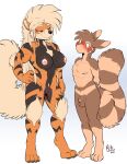  2021 4_toes absurd_res animal_genitalia anthro arcanine balls bedroom_eyes blonde_hair blush breasts brown_hair claws detached_sheath digitigrade duo feet female furret genitals green_eyes hair hi_res larger_female long_hair male narrowed_eyes nintendo nipples nude pok&eacute;mon pok&eacute;mon_(species) pussy red_eyes rick_griffin rick_griffin_(character) seductive sheath simple_background size_difference smaller_male smile toes video_games white_background 