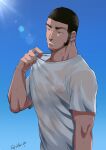  1boy bara black_hair buzz_cut chest_hair covered_nipples facial_hair from_side golden_kamuy hairy highres male_focus mature_male nzo_(oishii_pie) pectorals see-through shirt shirt_pull short_hair sideburns solo stubble sunlight sweat tanigaki_genjirou thick_eyebrows upper_body very_short_hair wet wet_clothes wet_shirt white_shirt 