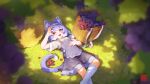  1girl ;d absurdres animal_ears apron basket black_skirt blue_eyes blue_hair blurry cat_ears cat_girl cat_tail ci_wen_jian_bu_cun_zai commentary_request day depth_of_field food fruit grape_vine grapes grass grey_apron grey_shirt grey_skirt hand_on_own_stomach harvest hat highres holding holding_food holding_fruit looking_at_viewer lying medium_hair multicolored_hair on_back on_ground one_eye_closed original outdoors shirt short_sleeves skirt skirt_under_skirt smile socks strap_slip straw_hat tail two-tone_hair unworn_hat unworn_headwear white_hair white_socks wicker_basket 