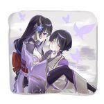  1boy 1girl ankle_flower black_hair black_shrug black_thighhighs blue_pupils blunt_bangs blunt_ends border bow braid breasts bridal_gauntlets bug butterfly choppy_bangs cleavage closed_eyes closed_mouth clothing_cutout curled_fingers eyelashes eyeliner facing_another fan_hair_ornament flower furisode genshin_impact gold_trim grey_background grey_bridal_gauntlets hair_flower hair_ornament hand_on_another's_arm hands_on_another's_face highres japanese_clothes kariginu kimono layered_sleeves leg_up long_hair looking_at_another low-braided_long_hair low-tied_long_hair makeup medium_breasts mole mole_under_eye momonga_damon mother_and_son multicolored_hair obi obiage obijime pale_skin purple_butterfly purple_eyes purple_flower purple_hair purple_kimono purple_nails purple_rope purple_sash purple_sleeves raiden_shogun red_bow red_eyeliner red_sash ripples rope sash scaramouche_(genshin_impact) scaramouche_(kabukimono)_(genshin_impact) short_kimono shoulder_cutout shrug_(clothing) streaked_hair string tassel tassel_hair_ornament thighhighs white_border white_sleeves wide_sleeves 