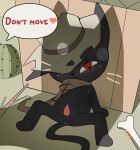 absurd_res anthro black_body black_border black_fur blush bodily_fluids border cactus clothing convenient_censorship cowboy_hat dialogue english_text eye_scar facial_scar flong fur gun handgun hat headgear headwear heart_after_text hi_res imminent_sex leaning_on_wall looking_up_at_another male mewgenics obscured_mouth offscreen_character one_eye_obstructed outside plant poncho ranged_weapon red_eyes scar shadow spread_legs spreading sweat tail text torn_clothing weapon zodiac_(mewgenics)