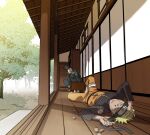  2boys architecture black_hair black_headband black_pants black_shirt black_sleeves blonde_hair board_game closed_eyes defeat east_asian_architecture facial_mark flak_jacket green_vest headband highres jacket konohagakure_shinobi_uniform konohagakure_symbol light_frown lying male_focus multiple_boys nara_shikamaru naruto_(series) naruto_shippuuden okbdko123 on_back orange_jacket orange_pants pants ponytail porch shirt short_hair smile spiked_hair tree uzumaki_naruto vest whisker_markings 