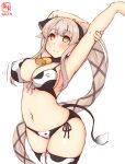  1girl alternate_costume animal_ears animal_print artist_logo bell bikini black_ribbon breasts brown_eyes commentary_request covered_nipples cow_ears cow_horns cow_print cow_tail cowbell dated fake_animal_ears fake_horns hair_ribbon highres horns kanon_(kurogane_knights) kantai_collection large_breasts long_hair navel pink_hair ponytail ribbon side-tie_bikini simple_background solo stretch swimsuit tail thighhighs very_long_hair white_background white_bikini white_legwear yura_(kancolle) 