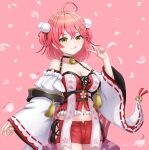  1girl absurdres ahoge back_bow bell black-framed_eyewear black_bustier black_choker blush bow braid breasts bustier capelet cherry_blossom_print cherry_blossoms chest_harness choker cleavage closed_mouth clothing_cutout commentary_request crop_top cross-laced_clothes cross-laced_shorts cross-laced_slit cross-laced_top falling_petals floral_print frilled_wrist_cuffs frills front_slit green_eyes hair_between_eyes hair_ornament hairclip half_up_braid harness highres hip_vent hololive jingle_bell lace-trimmed_sleeves lace_trim large_breasts long_hair long_sleeves looking_at_viewer neck_bell nontraditional_miko official_alternate_costume official_alternate_hairstyle petals pink_hair red_shorts red_tube_top sakura_miko sakura_miko_(work) short_shorts shorts smile solo strapless tassel tongue tongue_out tube_top two_side_up virtual_youtuber wajuniorbox white_capelet white_sleeves wide_sleeves wrist_cuffs 