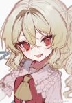  1girl aorin_oekaki ascot blonde_hair collared_shirt commentary drill_hair fang flandre_scarlet frilled_shirt_collar frills highres one_side_up open_mouth pink_shirt red_eyes red_vest shirt smile solo touhou twitter_username vest wings yellow_ascot 