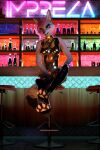  3d_(artwork) anthro bar bottle bracelet candle canid canine canis chair claws clothed clothing detailed_background digital_media_(artwork) ear_piercing ear_ring female floor fox fur furniture hair hi_res impreza jewelry legwear looking_at_viewer mammal multicolored_body multicolored_fur neon open_mouth piercing pink_hair sitting solo stockings swimwear tan_body tan_fur tridognait 