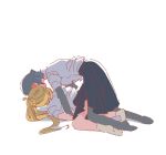  2girls absurdres black_pantyhose black_skirt blonde_hair blue_hair bocchi_the_rock! commentary_request highres ijichi_nijika kiss korean_commentary multiple_girls pa_ttt pantyhose school_uniform shimokitazawa_high_school_uniform shirt short_hair side_ponytail simple_background skirt socks white_background white_shirt white_socks yamada_ryo yuri 