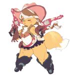  2016 4_fingers anthro blue_eyes blush braided_hair canid canine clothing cowboy_hat cowboy_outfit female fingers fox freckles gloves gun hair handwear hat headgear headwear hi_res holding_gun holding_object holding_weapon jacket koki looking_at_viewer mammal multicolored_hair one_eye_closed ranged_weapon short_stack simple_background solo standing thick_thighs topwear weapon white_background 