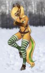  anthro breasts bridle clothing cold crossgender equid equine female golden_wing hair harness hi_res horse legwear looking_at_viewer mammal pattern_clothing pattern_legwear pattern_stockings petplay ponyplay reaper3d roleplay snow solo stockings striped_clothing striped_legwear striped_stockings stripes 
