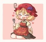  1girl aki_minoriko apron arinu black_skirt blonde_hair blush breasts chibi chibi_only commentary_request facing_viewer fork fruit_hat_ornament grape_hat_ornament hat holding holding_fork long_sleeves medium_breasts neck_ribbon open_mouth orange_apron red_apron ribbon seiza shirt sitting skirt smile solo touhou wide_sleeves yellow_shirt 