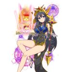  1girl bare_shoulders bird black_dress black_gloves black_hair black_sleeves blue_dress blue_eyes blue_shoes book breasts detached_sleeves dress gloves hair_between_eyes half_gloves hexagram high_heel_sandals holding holding_book holding_staff kusaka_souji large_breasts long_hair mage_staff magic_circle marina_sophia microdress multicolored_dress open_book owl sandals shoes sitting staff tiara uchi_no_hime-sama_ga_ichiban_kawaii 