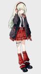  1girl absurdres belt black_belt black_jacket black_necktie black_shoes character_request chinese_commentary closed_mouth collared_shirt commentary_request copyright_request dot_nose full_body green_hair grey_background hand_on_headphones headphones highres jacket kneehighs long_hair long_sleeves looking_at_viewer migolu necktie open_clothes open_jacket plaid_clothes plaid_skirt plaid_socks red_skirt red_socks shirt shoes simple_background skirt socks solo standing twitter_username white_shirt yellow_eyes 