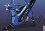 2_horns absurd_res animal_genitalia bdsm belt blue_body blue_scales blush bodily_fluids bondage bound clothing collar cuff_(restraint) cum cum_collecting cum_container dragon feral furgonomics genital_fluids genitals handwear harness hi_res horn jupizoro knot knotted_penis latex latex_clothing latex_handwear latex_legwear leather leather_harness legwear male muzzle_(object) mythological_creature mythological_scalie mythology penile penis penis_milking penis_milking_machine restrained restraints rope scales scalie shaking solo sound_effects spreader_bar tail text wings_tied