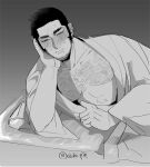  1boy abs bara bare_pecs black_hair blush buzz_cut chest_hair facial_hair golden_kamuy greyscale hairy japanese_clothes kimono large_pectorals looking_at_viewer male_focus mature_male monochrome muscular muscular_male nipples nzo_(oishii_pie) open_clothes open_kimono short_hair sideburns solo stomach stubble sweatdrop tanigaki_genjirou thick_eyebrows upper_body very_short_hair 