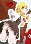  ass black_skirt blonde_hair blush_stickers braid curled_fingers fire_hydrant glasses hands_up heart monogatari_(series) nanahyakuichi_middle_school_uniform no_panties open_mouth oshino_shinobu pointy_ears school_uniform skirt suspender_skirt suspenders twin_braids yellow_eyes yocto_mako 