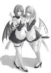  2girls 7saki :d apron breast_press breasts bridal_gauntlets cleavage collarbone commentary_request crystal_wings demon_wings dress fang flandre_scarlet frilled_arm_strap full_body greyscale hair_between_eyes hand_up hands_up heart heart_hands heart_hands_duo high_heels highres large_breasts leg_up light_blush long_sleeves looking_at_viewer low_neckline medium_hair monochrome multiple_girls one_side_up open_mouth parted_bangs remilia_scarlet shadow short_dress sidelocks simple_background skin_fang skindentation sleeveless sleeveless_dress smile spot_color standing standing_on_one_leg symmetrical_docking thigh_strap thighhighs tongue touhou unfinished vampire waist_apron wings zettai_ryouiki 