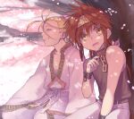  2boys antenna_hair blonde_hair brown_hair commentary_request cuffs earrings falling_petals forehead_protector grin highres in_tree jewelry long_hair male_focus multiple_boys naanya_(9849122) nataku_taishi open_mouth petals purple_eyes saiyuki shackles sitting sitting_in_tree sleeveless sleeveless_turtleneck smile son_goku_(saiyuki) teeth tree turtleneck yellow_eyes 