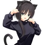  1girl :d absurdres ahoge alternate_costume animal_ear_fluff animal_ear_hairband animal_ears black_hair black_hairband black_sweater breasts casual cat_ear_hairband cat_ears cat_tail commentary eyes_visible_through_hair fake_animal_ears fake_tail fang green_eyes hair_between_eyes hairband hands_up highres hitachi_mako kaon_zz large_breasts long_sleeves looking_at_viewer open_mouth paw_pose senren_banka short_hair_with_long_locks simple_background skin_fang smile solo straight_hair sweater tail tail_raised turtleneck turtleneck_sweater upper_body white_background 