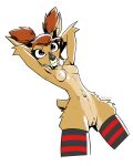 2026 absurd_res accessory anthro biped black_clothing black_nose breasts brown_hair clothed clothing deer digital_drawing_(artwork) digital_media_(artwork) eyeliner fangs female female_anthro fluffy fur gatonejo genitals hair hair_accessory hair_ring hands_behind_head happy hi_res legwear long_fangs looking_at_viewer makeup mammal moschid musk_deer navel pattern_clothing pattern_legwear pattern_stockings pigtails pink_eyes portrait pose red_clothing scut_tail short_tail signature simple_background small_breasts smile solo stockings tail tan_body tan_fur teeth thick_thighs vulva white_background wide_hips