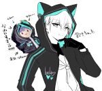  1girl animal_ear_hood animal_hood arrow_(symbol) black_jacket cat_hood character_doll closed_mouth doll dress gloves hair_ornament hand_on_own_chin hasu_no_sora_school_uniform haz hood jacket katsuragi_izumi light_smile link!_like!_love_live! long_sleeves love_live! neckerchief open_clothes open_jacket partially_colored photo_inset reference_inset sailor_collar sailor_dress school_uniform sega_lucky_lottery_mascot_doll_(link!_like!_love_live!) simple_background solo translation_request triangle_hair_ornament turtleneck upper_body virtual_youtuber white_background 