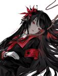  1girl artist_request black_hair black_shirt character_name commission corrupted_twitter_file crown empty_eyes expressionless flower gloves hair_flower hair_ornament hair_spread_out hashtag-only_commentary highres long_hair long_sleeves lying mahou_shoujo_no_majo_saiban necktie nikaido_hiro noose on_back parted_lips red_eyes red_flower red_necktie second-party_source shirt simple_background solo white_background white_gloves 