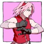  1girl black_gloves elbow_sleeve forehead_protector gloves green_eyes haruno_sakura highres konohagakure_symbol naruto_(series) naruto_shippuuden ninja pink_hair solo uri_geikon 