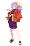  1girl absurdres baba_(baba_seimaijo) blowing_smoke closed_eyes commentary_request folded_fan folding_fan full_body geta hair_ribbon hand_fan high_ponytail highres holding holding_fan holding_smoking_pipe japanese_clothes karakusa_(pattern) kimono kiseru komakusa_sannyo long_hair ponytail print_kimono print_skirt purple_hair purple_skirt red_kimono red_robe ribbon robe sandals simple_background skirt smoking_pipe solo toes touhou white_background wide_sleeves yellow_ribbon 