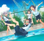  4girls ahoge alternate_costume asashimo_(kancolle) barbed_wire barefoot bike_shorts black_hair blue-framed_eyewear blue_sailor_collar blue_skirt blue_sky brown_eyes bush chain-link_fence cloud commentary_request cosplay dated day dutch_angle fence fubuki_(kancolle) fubuki_(kancolle)_(cosplay) fujinami_(kancolle) full_body glasses green_eyes grey_eyes hair_over_one_eye hair_ribbon hayanami_(kancolle) highres kantai_collection kusakabe_(kusakabeworks) long_hair multiple_girls okinami_(kancolle) outdoors pink_hair pleated_skirt ponytail pool poolside ribbon sailor_collar school_uniform serafuku sharp_teeth shirt short_hair shorts shorts_under_skirt silver_hair skirt sky smile t-shirt teeth twitter_username water white_ribbon white_shirt 