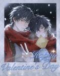  2boys black_hair bread_bun hair_between_eyes hair_over_one_eye happy_valentine highres looking_at_viewer madarame_kei male_focus multiple_boys night parted_lips polaroid_photo qianyuzhu2 red_scarf scar scar_on_face scar_on_mouth scarf shared_clothes shared_scarf short_hair slow_damage snow snowing towa_(slow_damage) upper_body v yaoi yellow_eyes 