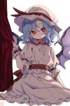  1girl absurdres bat_wings blue_hair closed_mouth collared_shirt commentary_request curtains dated frilled_shirt_collar frills hat hat_ribbon highres looking_at_viewer misoice_ramen mob_cap pink_hat red_eyes remilia_scarlet ribbon shirt simple_background sitting skirt solo touhou twitter_username white_background white_hat white_shirt white_skirt wings wrist_cuffs 
