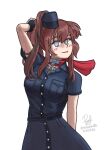  1girl anchor_ornament black_dress breast_pocket brown_hair dated dress english_commentary high_side_ponytail highres kantai_collection long_hair one-hour_drawing_challenge pocket ponytail red_scarf ron_(pixiv83091338) saratoga_(kancolle) saratoga_kai_(kancolle) scarf side_ponytail signature simple_background smokestack_hair_ornament solo twitter_username white_background 